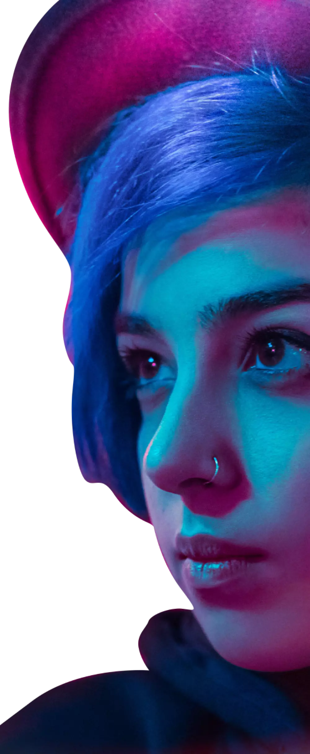 a girl in a pink hat with purple hair