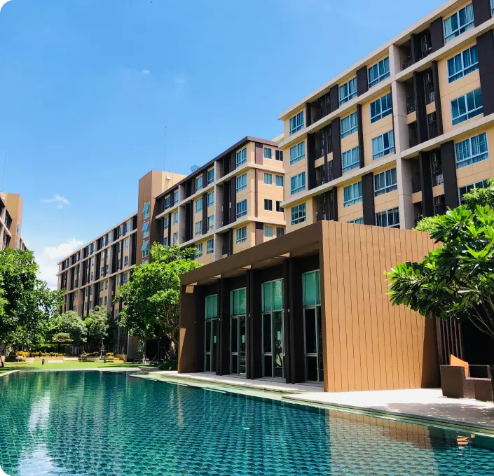 multi-storey building with a swimming pool