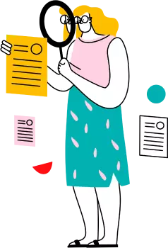 woman with magnifying glass looking at her notes