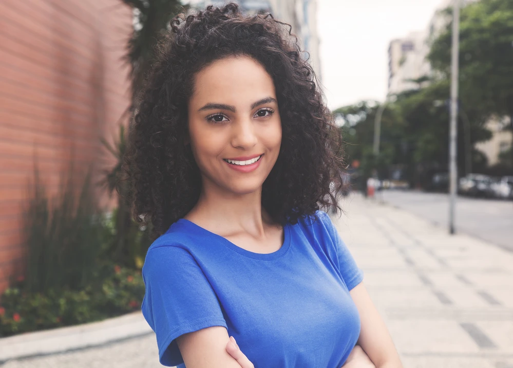 a girl in a blue T-shirt