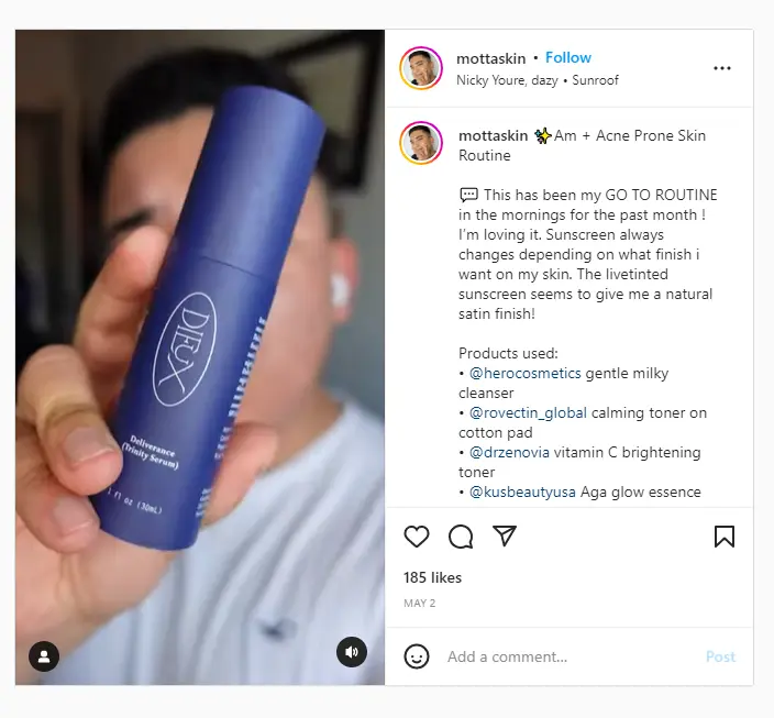 Example of  Mottaskins testimonial on Instagram
