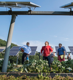 three men near solar panels