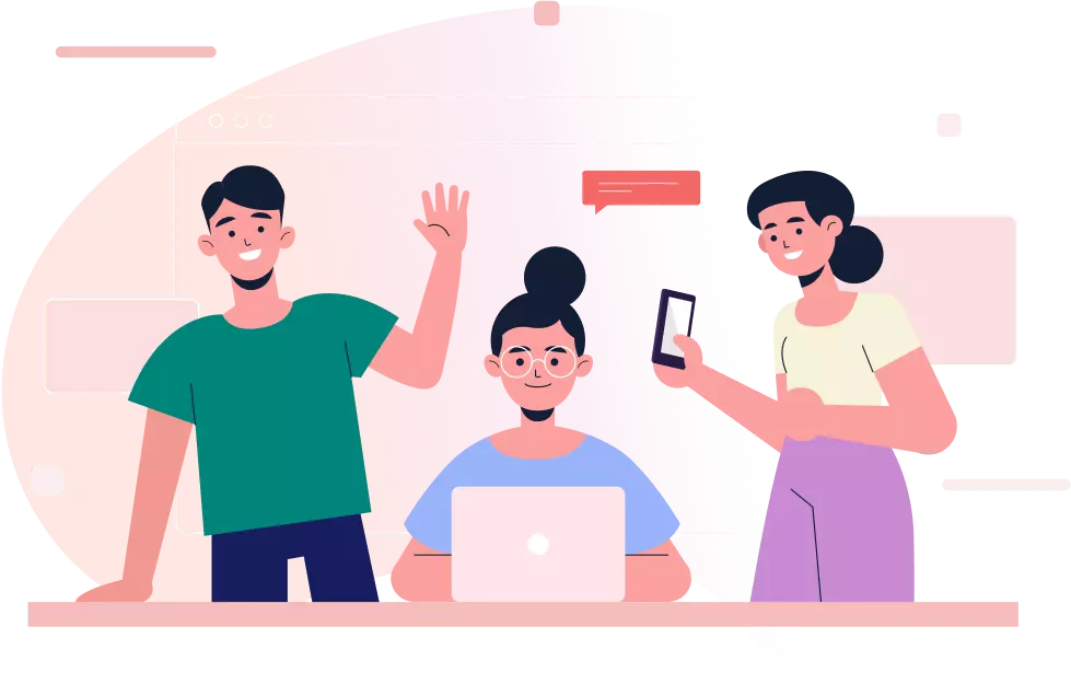 a boy and a girl are standing next to a girl who is working on a laptop