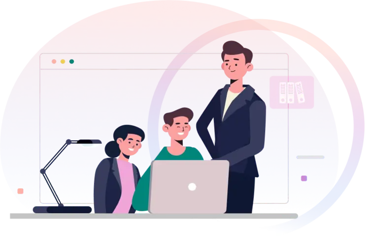 two men and a girl are looking at a laptop