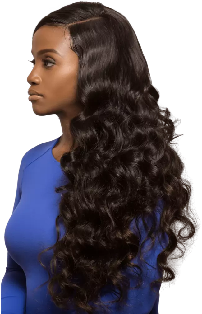 a girl with dark long hair in a blue sweater