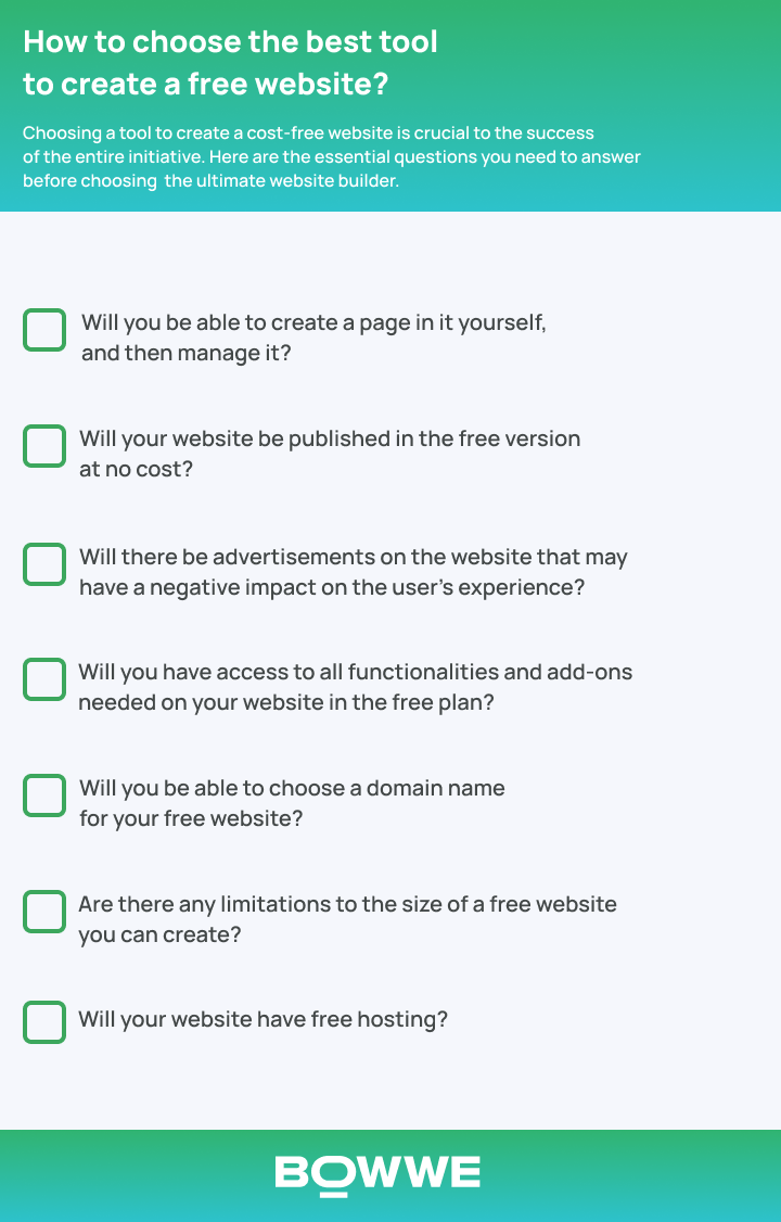 Checklist - selection of a tool for creating a free website