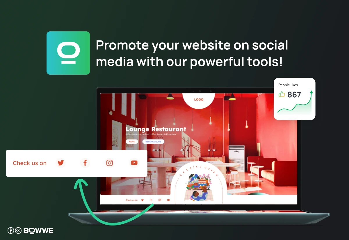 Przyciski social mediów na stronie zrobionej w Kreatorze Stron BOWWE