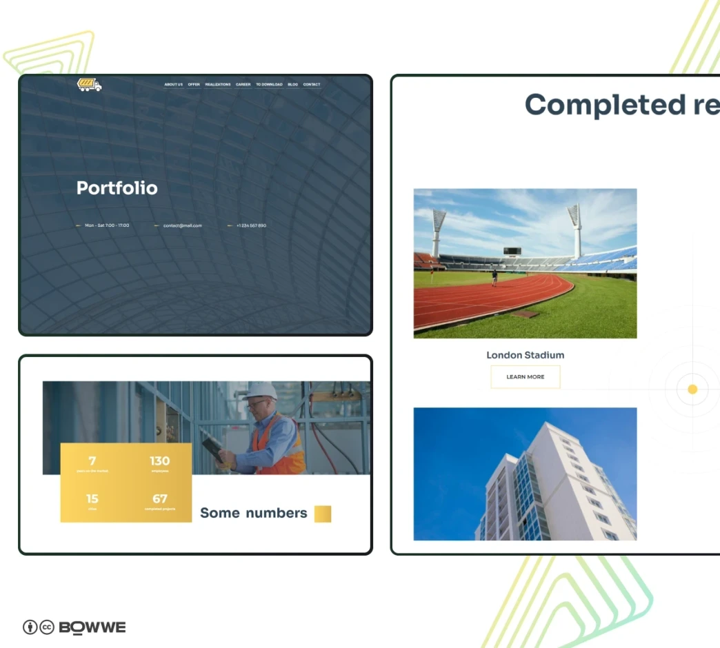 Window browser with portfolio template of construction firm by BOWWE Portfolio Builder