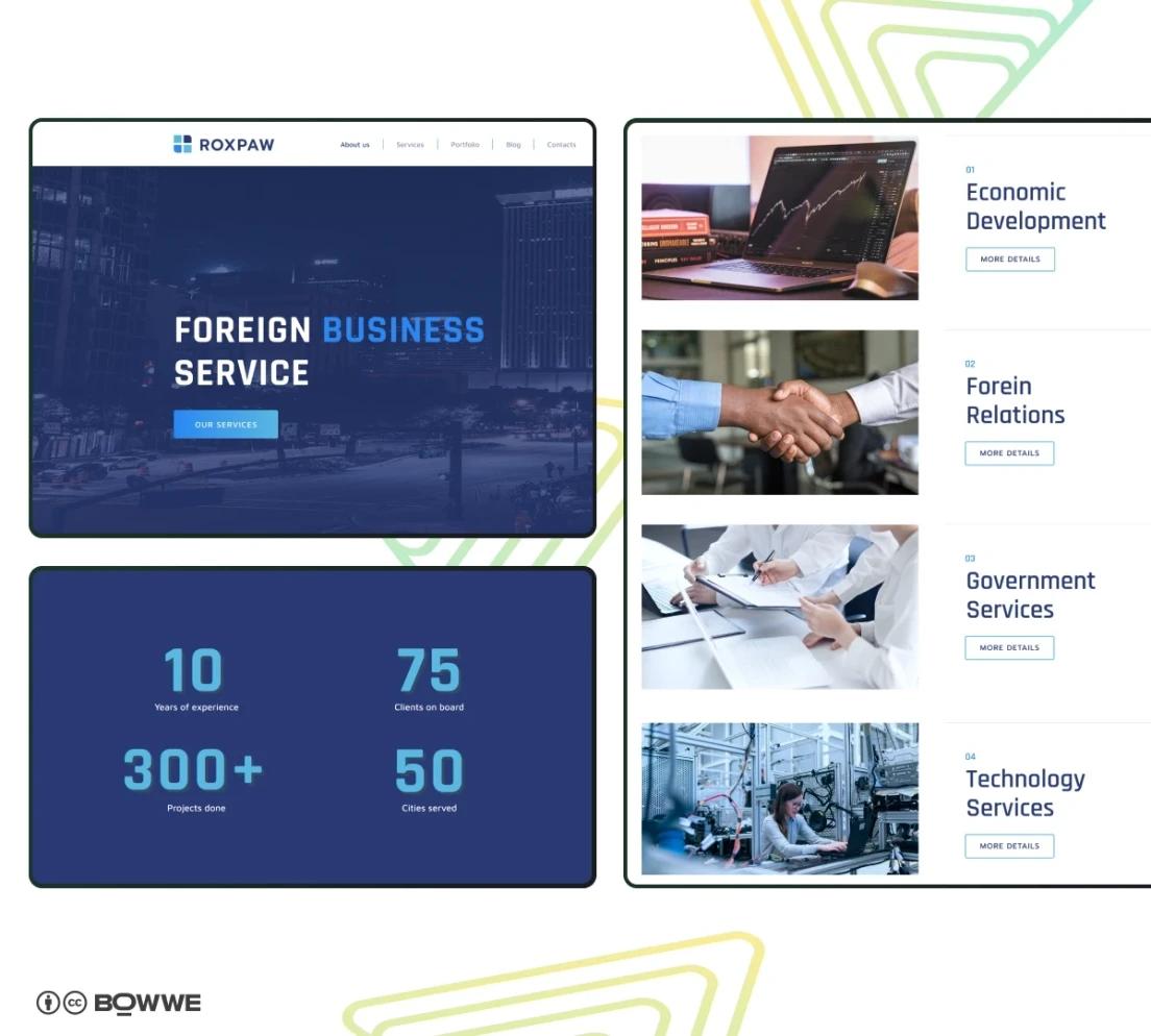 Window browser with portfolio template of foreign firm by BOWWE Portfolio Builder