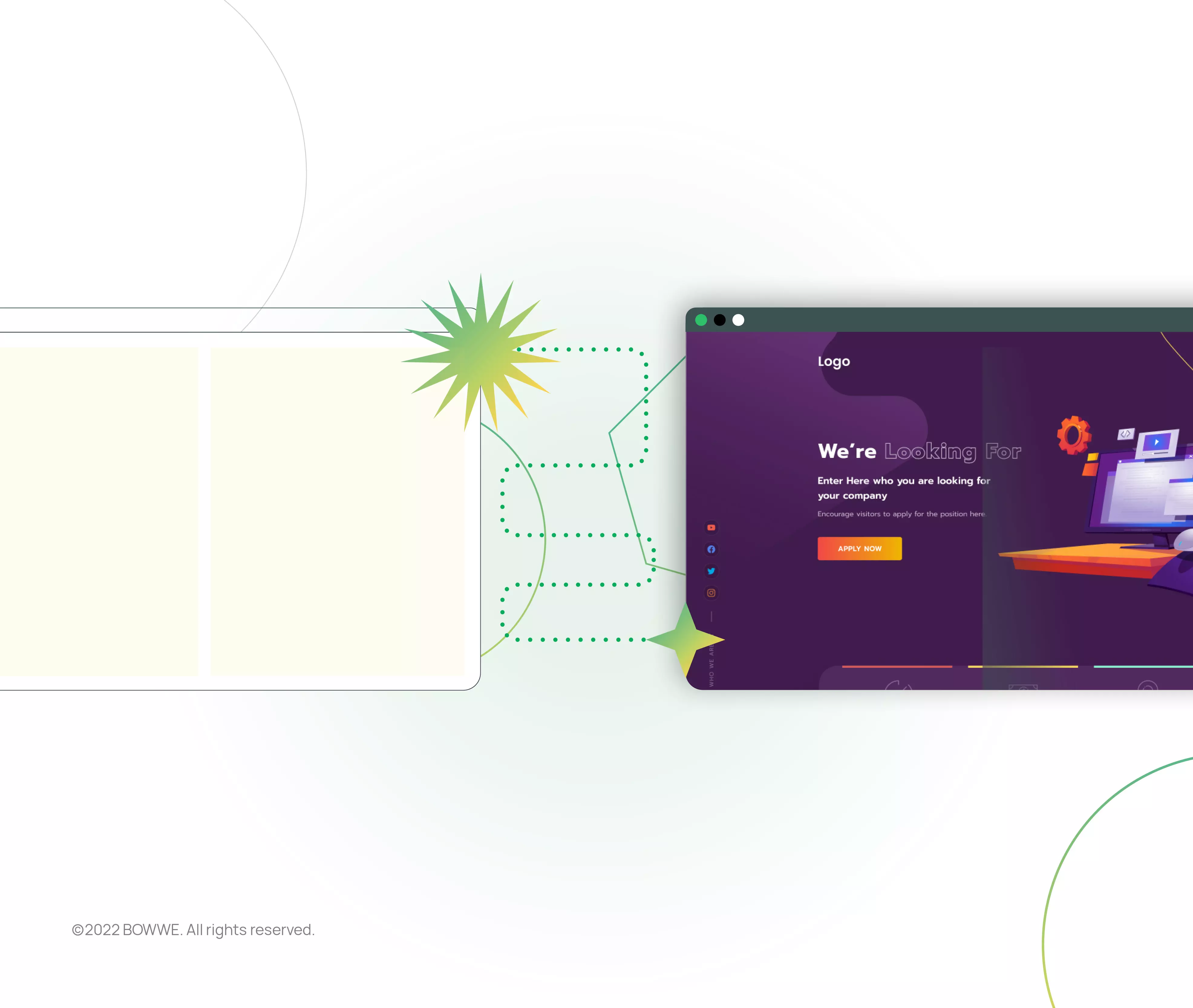 Site em branco conectado por uma linha a uma página projetada