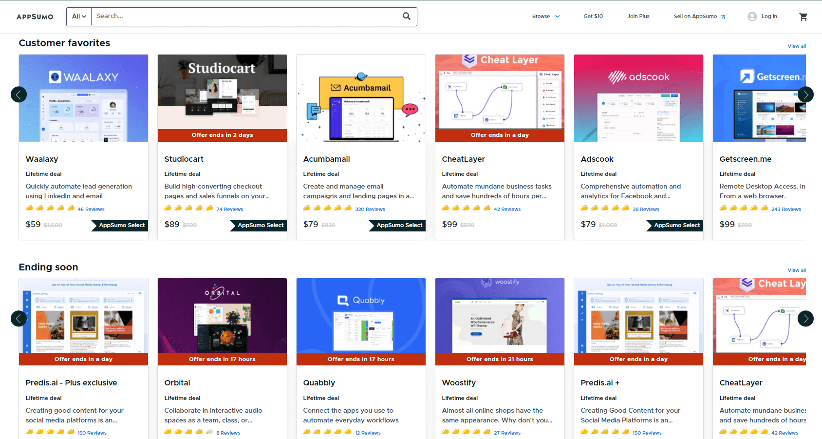 Carousel on the Appsumo main page&nbsp;&nbsp;