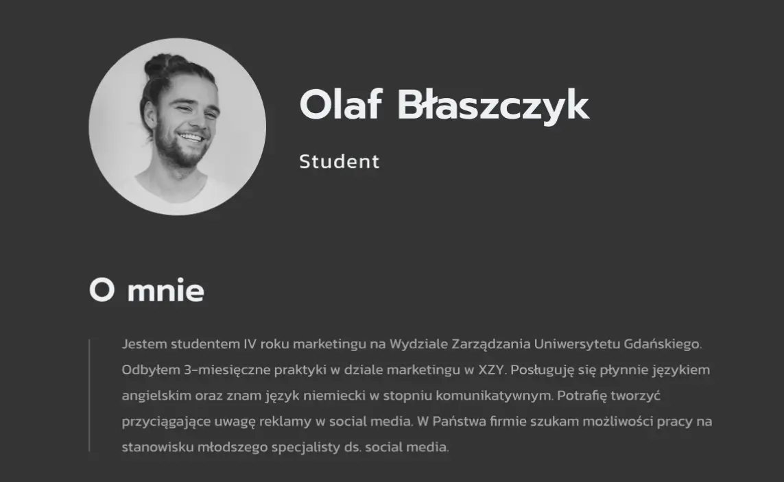 CV Stażysty - sekcja  " O mnie" 