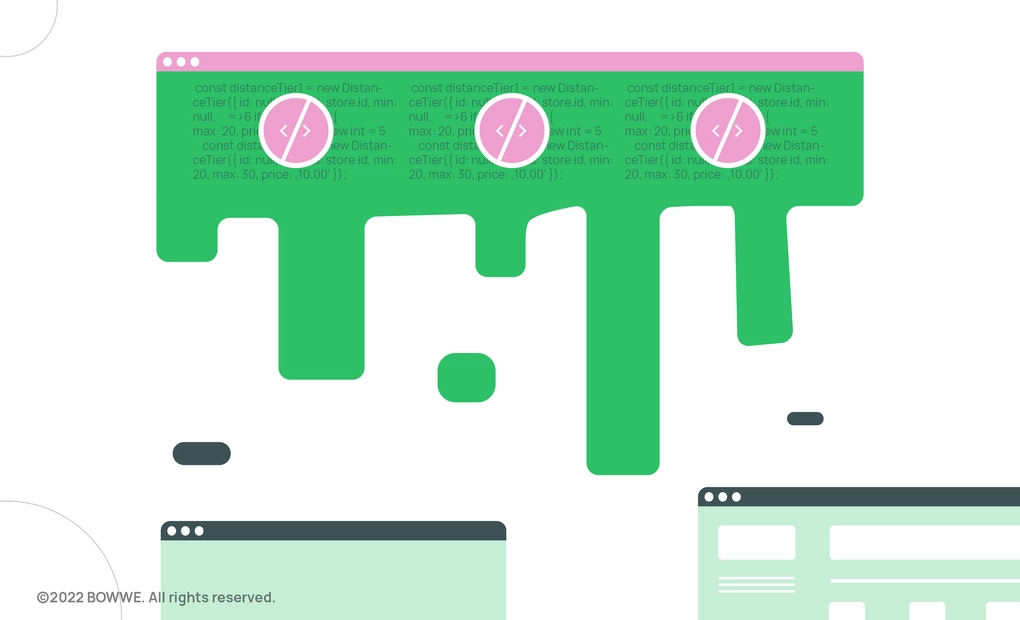 A fragment of the browser window on which the website code seems to be dripping on a green background.