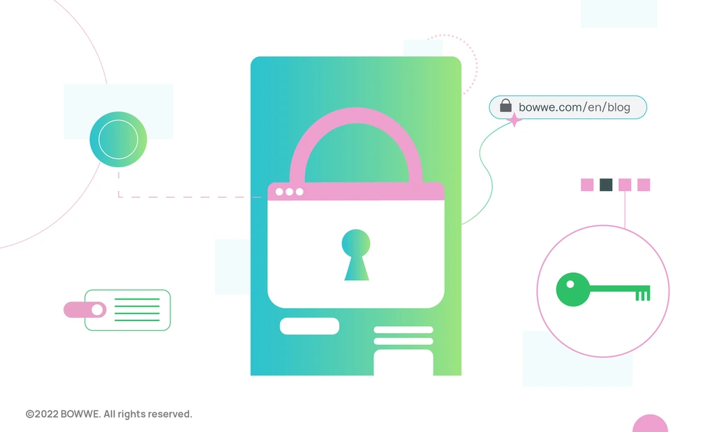  A white and pink padlock and next to it a green key in a circle with a pink border and a URL with a padlock.