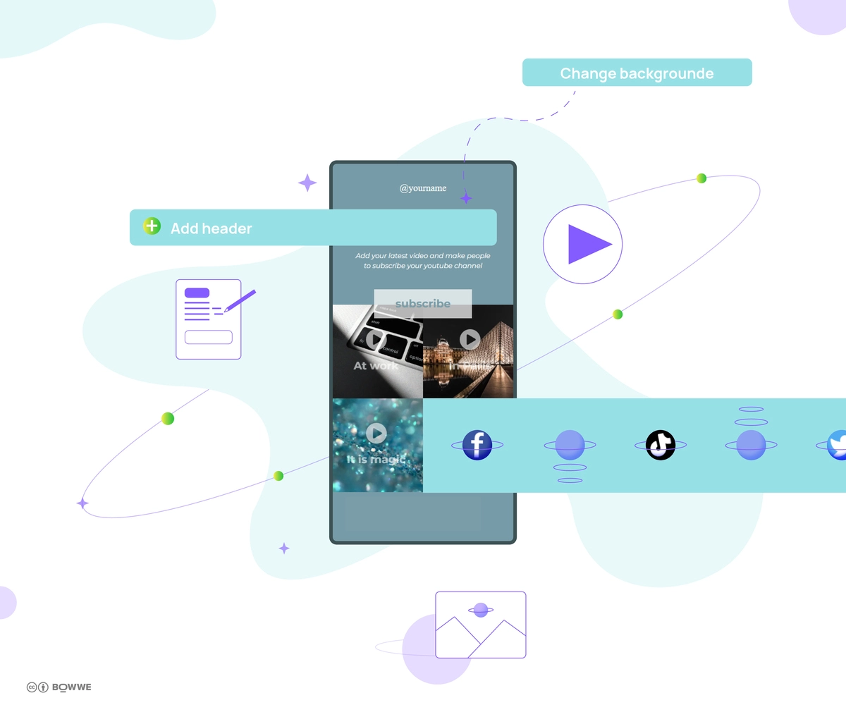 Plantilla de micropágina con íconos de redes sociales e íconos que muestran un reproductor de video y un blog