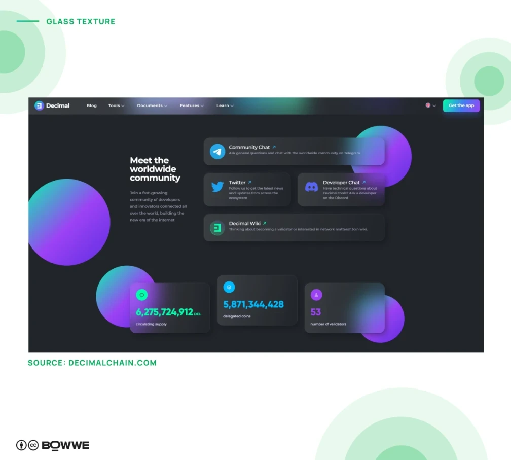 لقطة شاشة من decimalchain.com تظهر بطاقات نسيج الزجاج