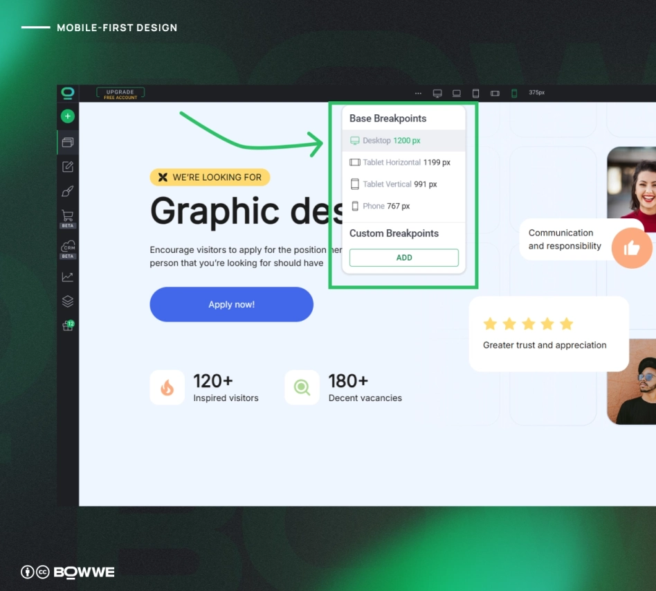 تحرير موقع الويب للأجهزة المحمولة أولاً في BOWWE Website Builder