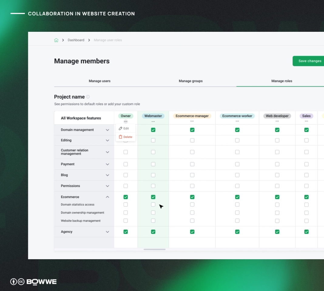 ميزة الأدوار في BOWWE Website Builder