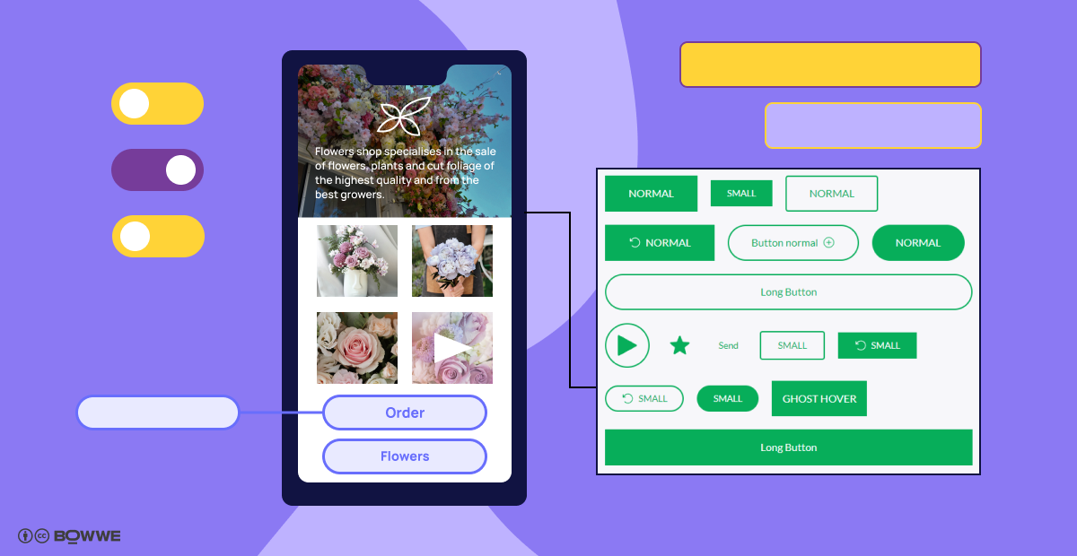 Fioletowa grafika z makietą komórki z szablonem microsite w środku, z której wyłania się jasnofioletowy prostokąt z różnego rodzaju przyciskami CTA