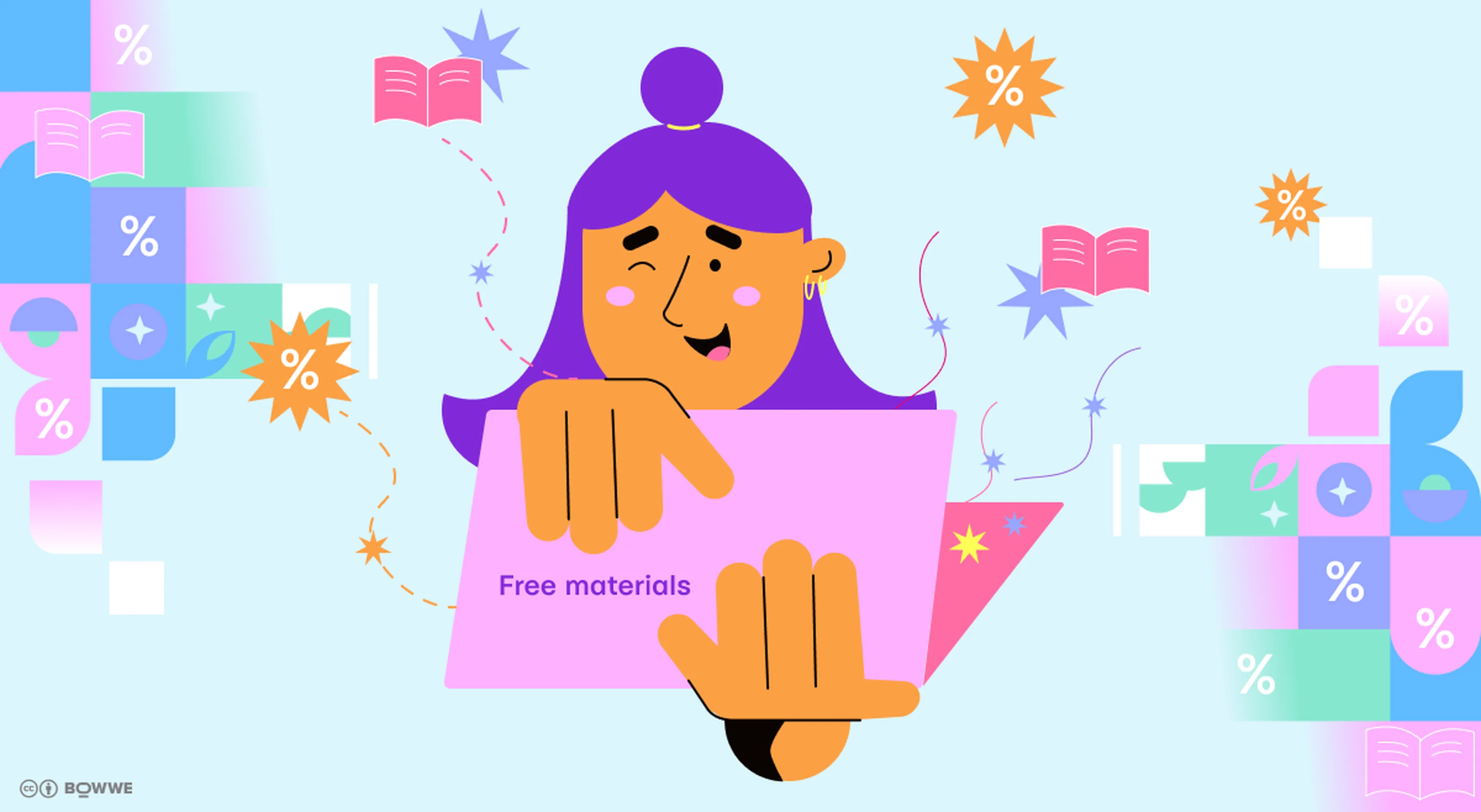 A girl with purple hair holding a pink folder labeled "free materials." 
