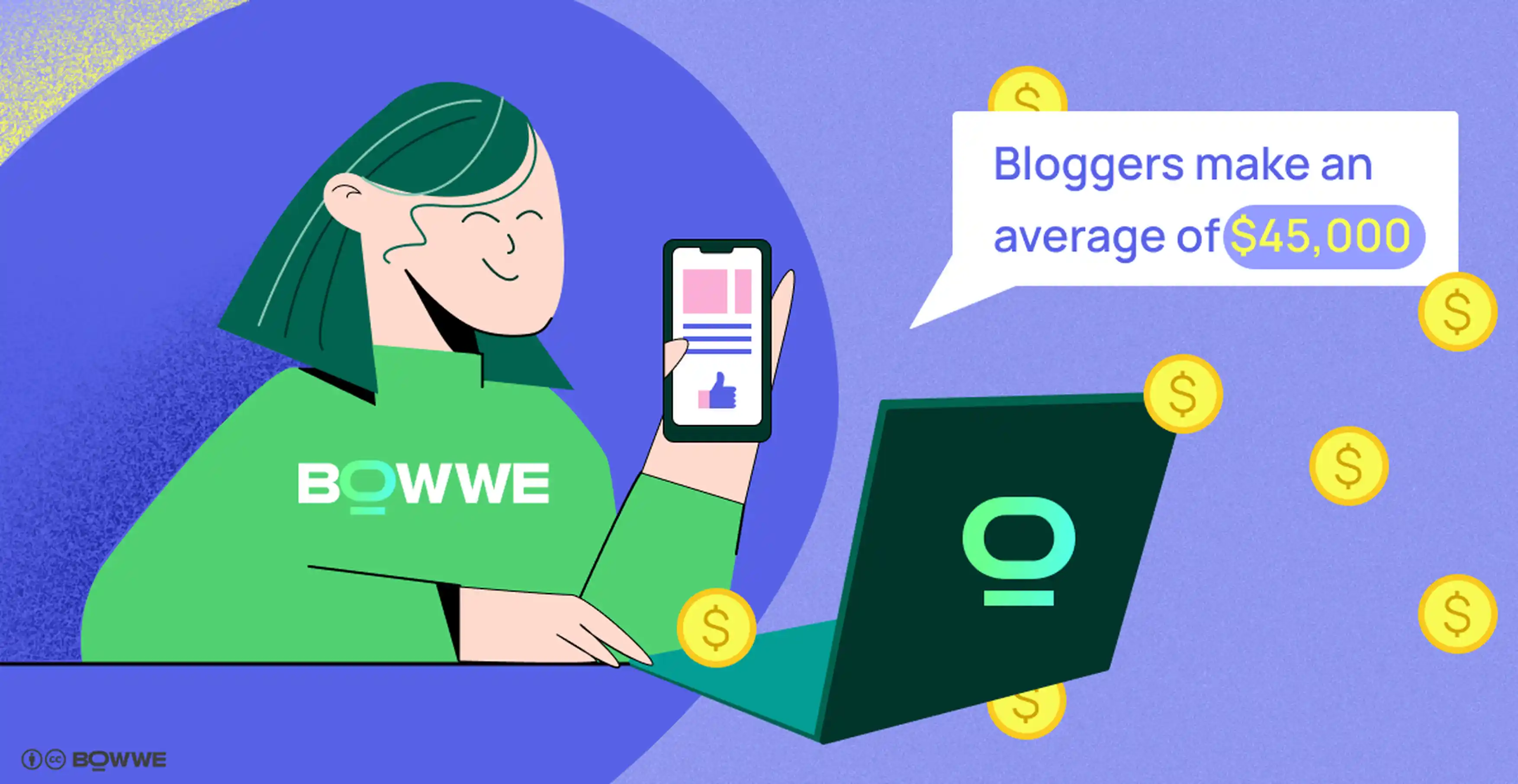 Gráficos con un fondo morado sobre el que hay una figura de un hombre de blanco y detrás de él se pueden ver gráficos de billetes amarillos. En él hay un tablero de color púrpura brillante que dice "Los bloggers ganan un promedio de $ 45,000".
