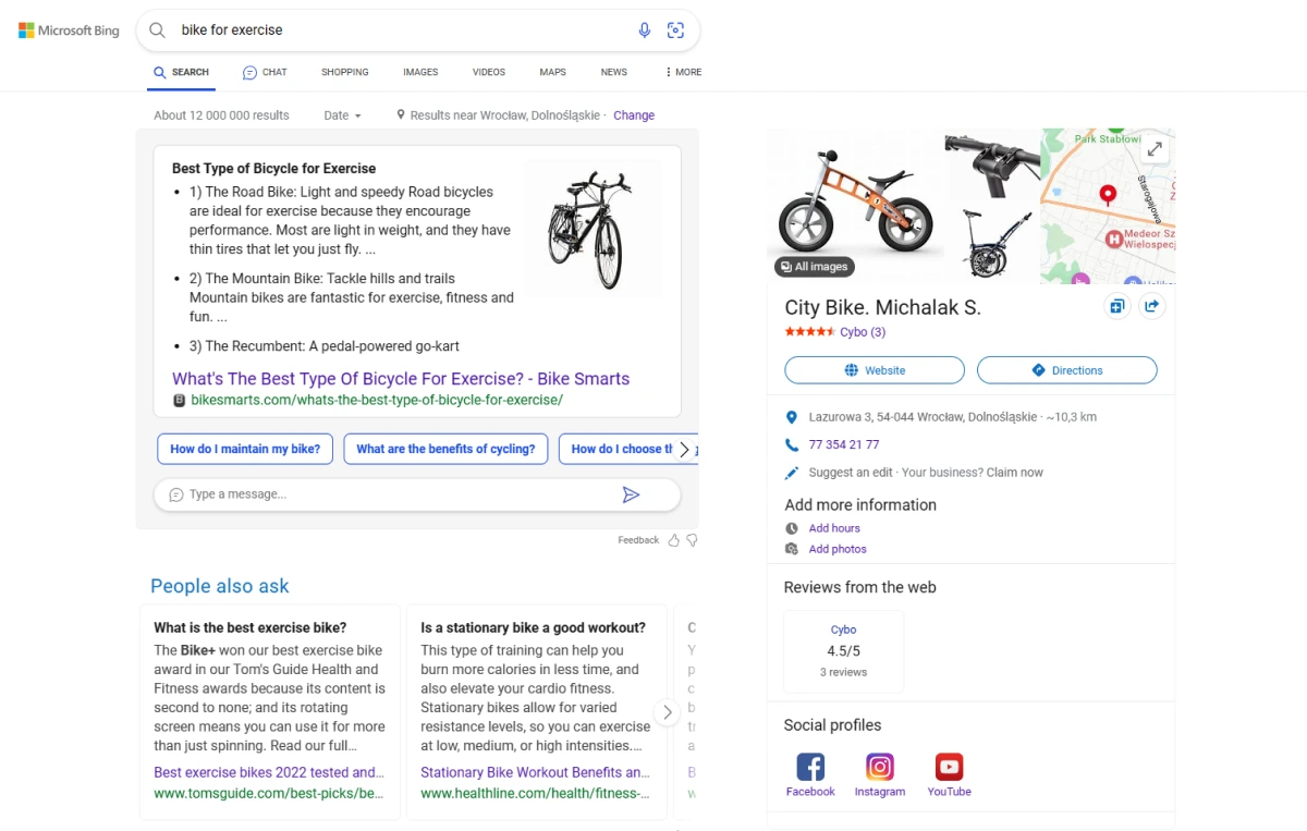 Screenshot from the search in Bing