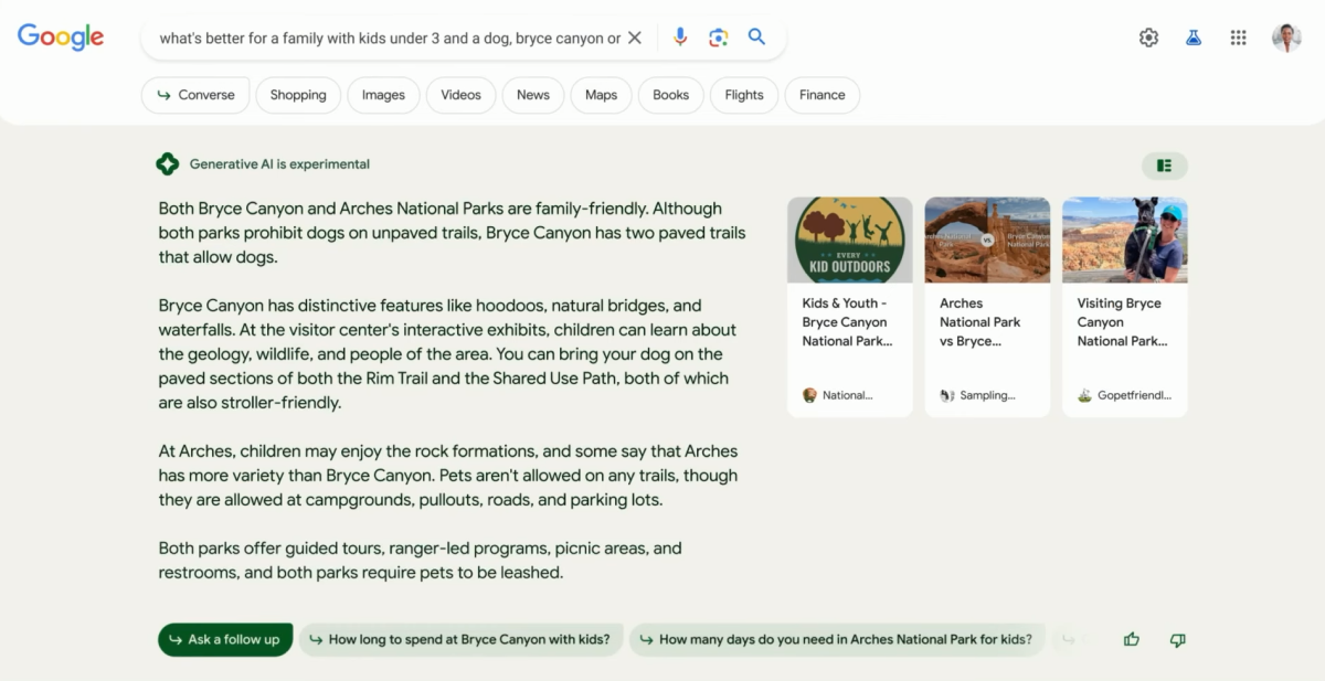 Example of Search Generative Experience in Google