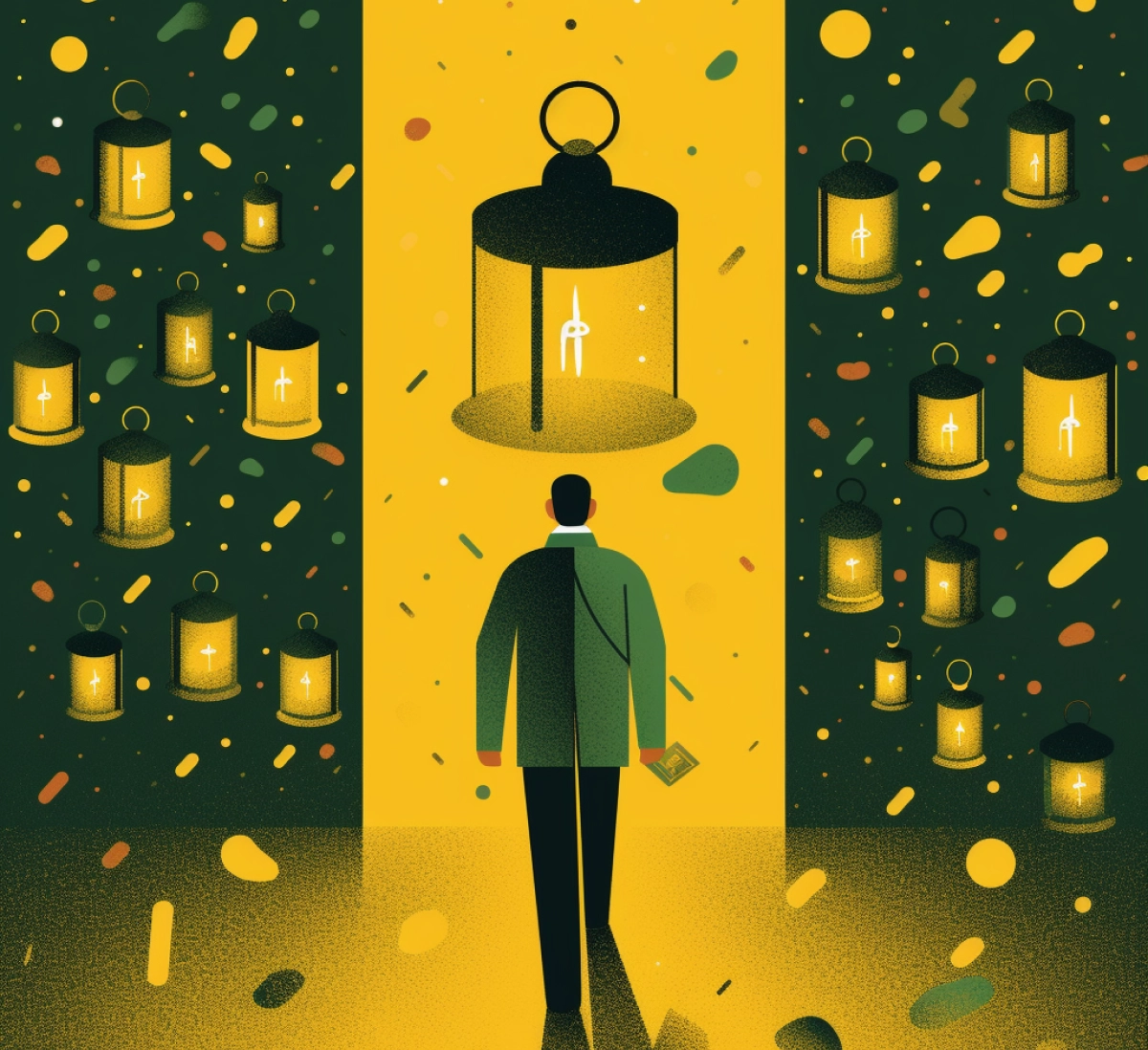 A person walking along a road filled with lanterns