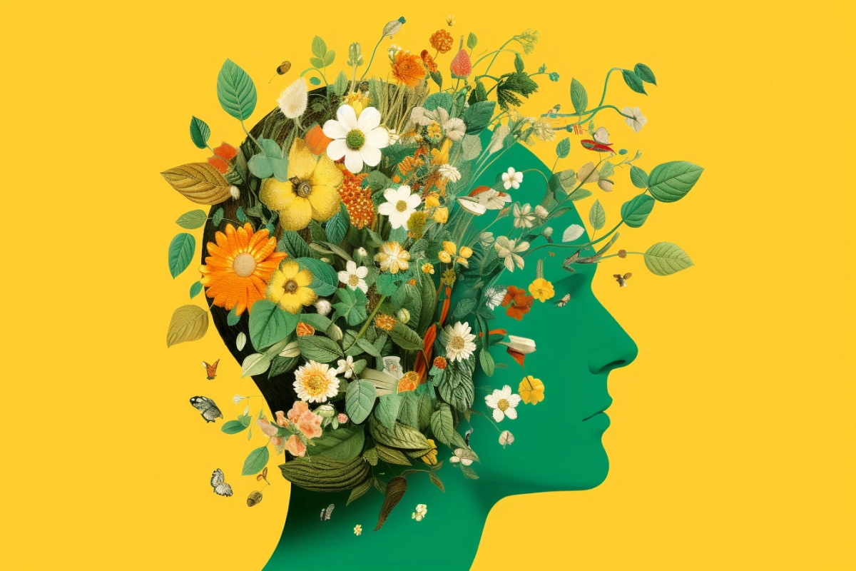 Silhouette with a profile from which flowers bloom