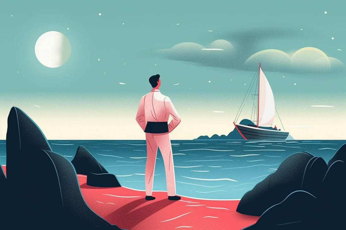A sailor standing on the shore staring at the ocean