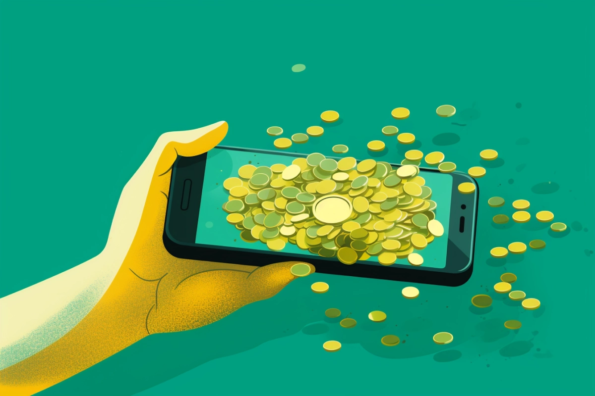 Hand holding a phone with money