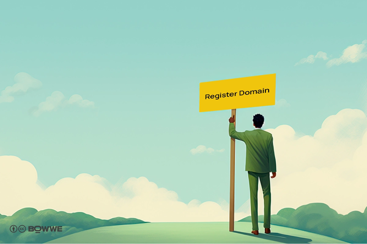 Osoba stojąca koło znaku drogowego z napisem "Register Domain"