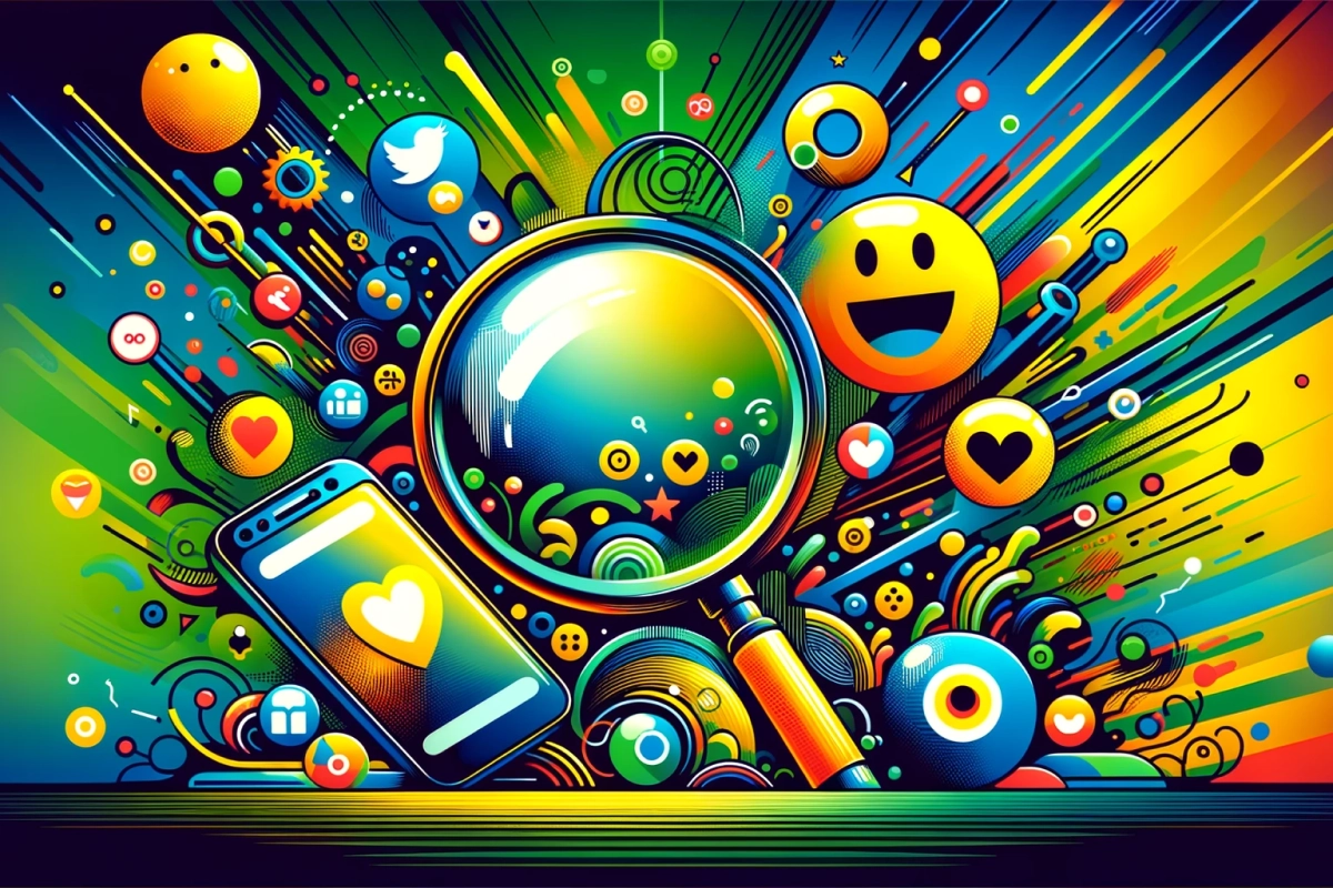 A magnifying glass and a phone with emoticons flying around
