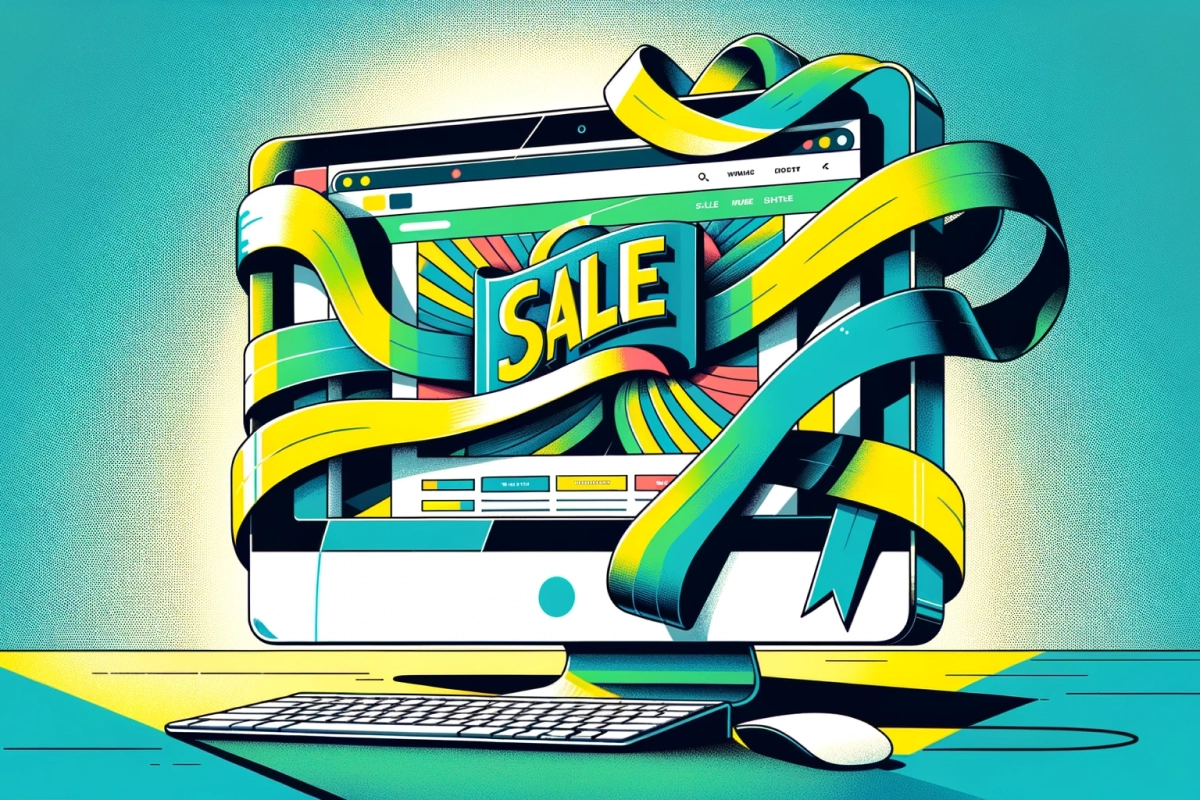 Computer wrapped in a ribbon with the word "Sale"