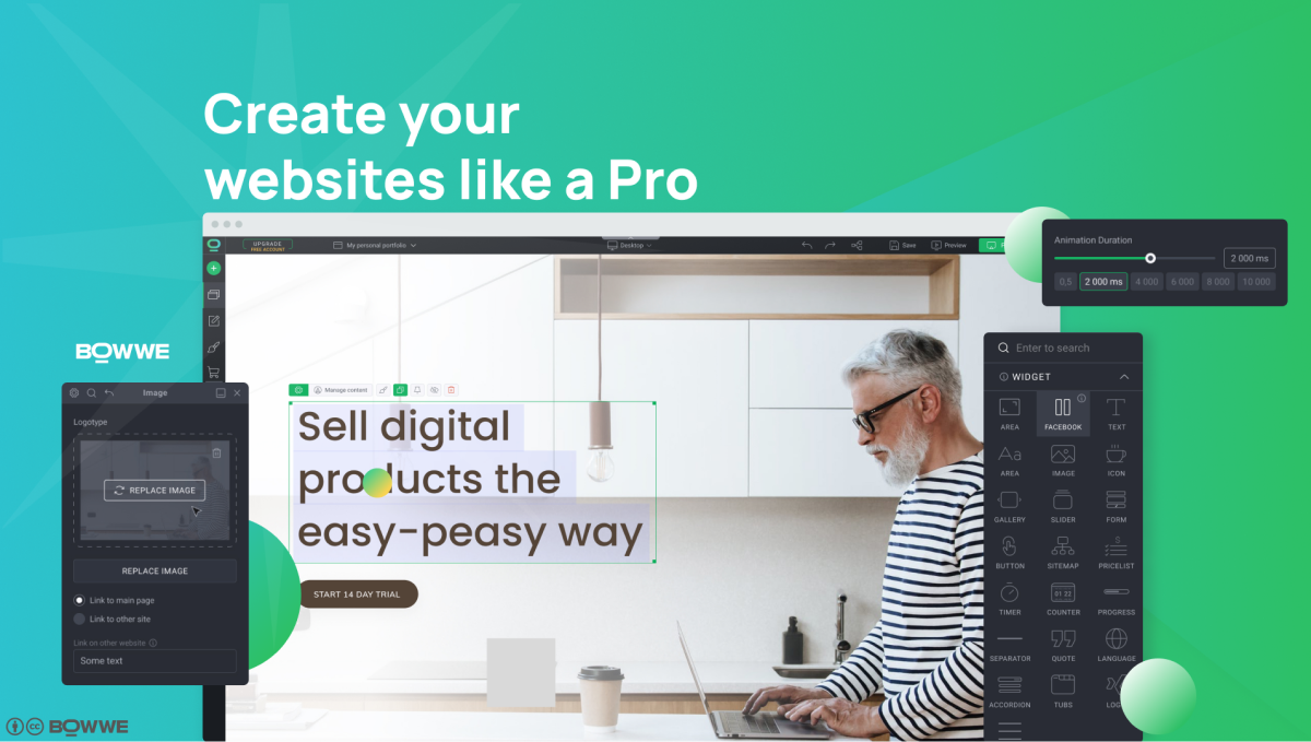 Website-Vorlage im BOWWE Website Builder mit Bearbeitungsfeldern