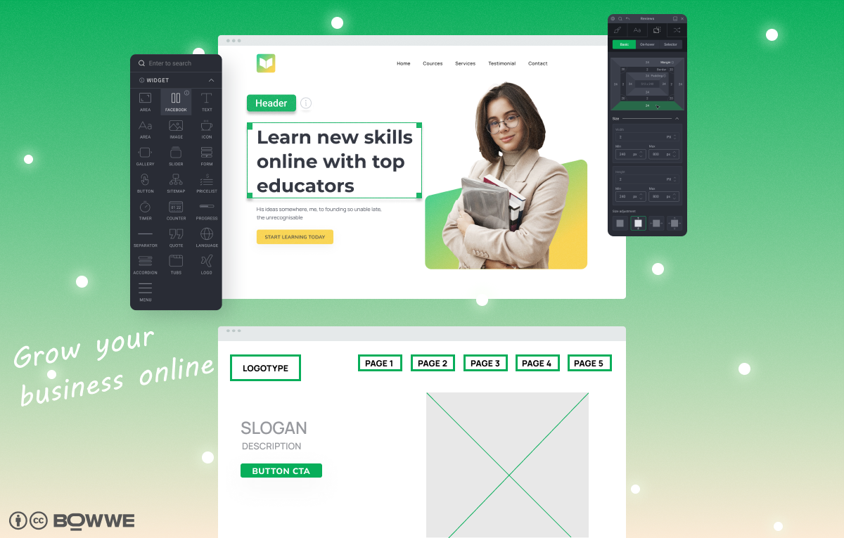 Modell und Website mit Elementen des Website-Builders