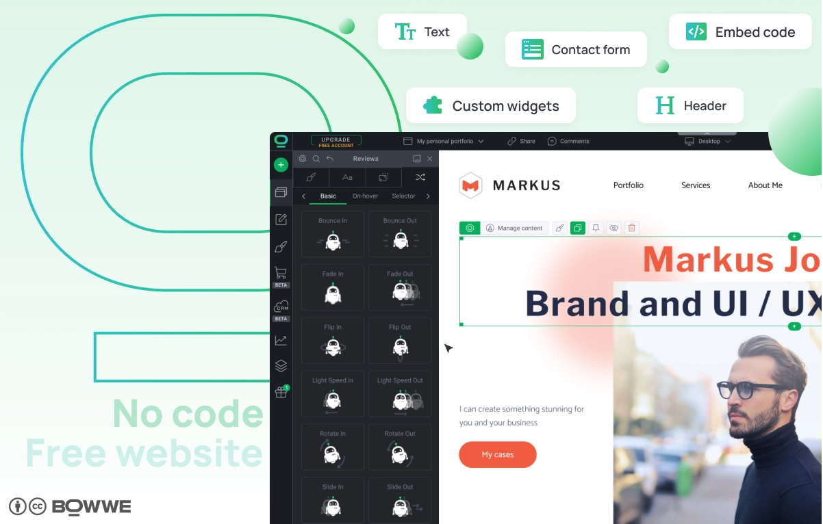 Website-Vorlage mit Animationseinstellungen im BOWWE Website Builder