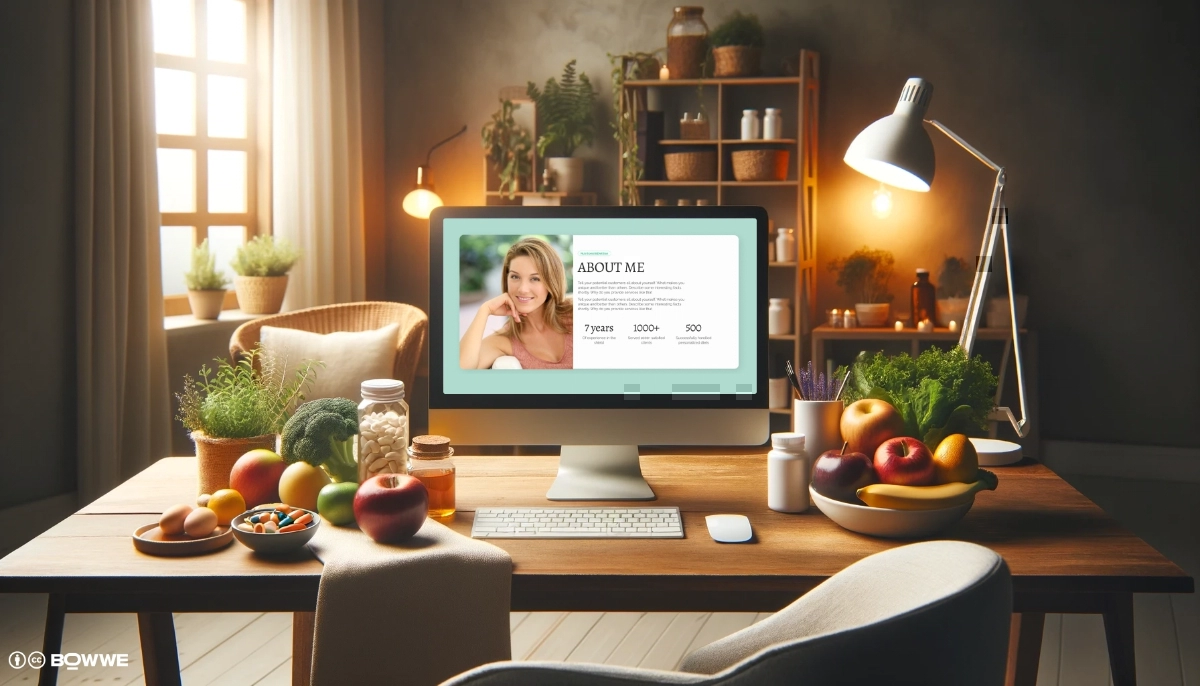 monitor with dietitian website template with section "About Me/About Us"