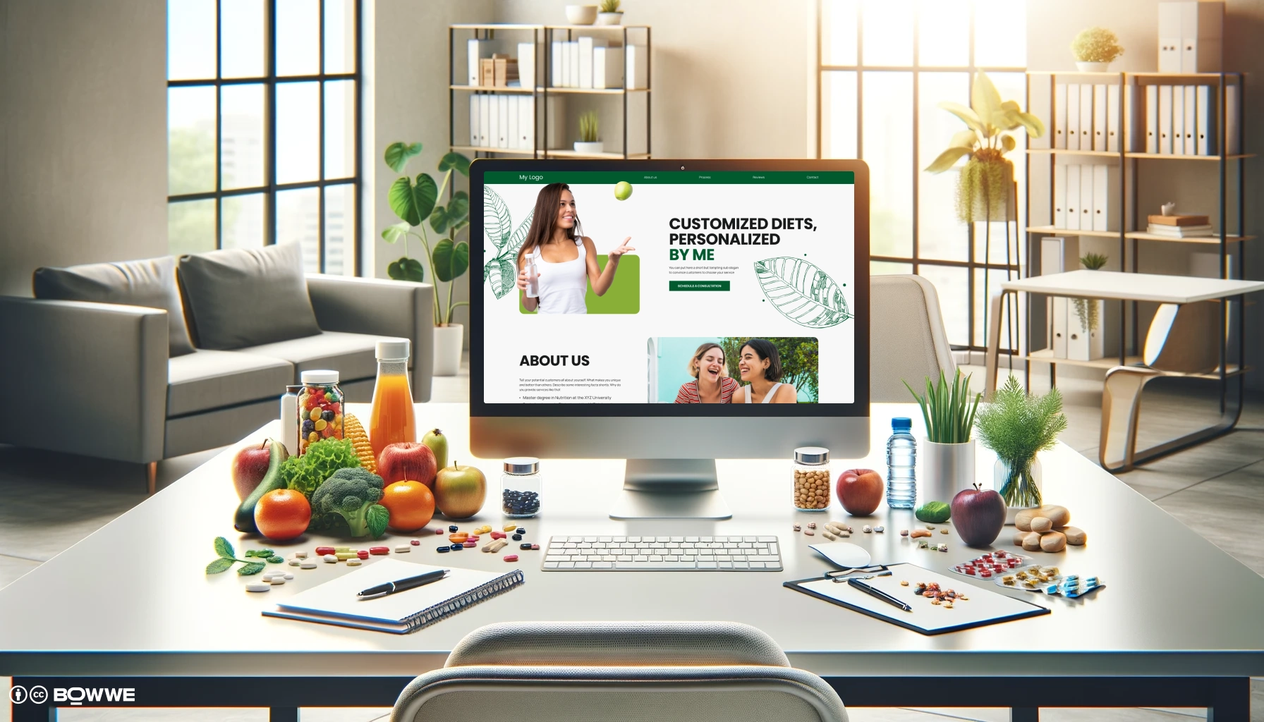 monitor with dietitian website template with section "Home page"