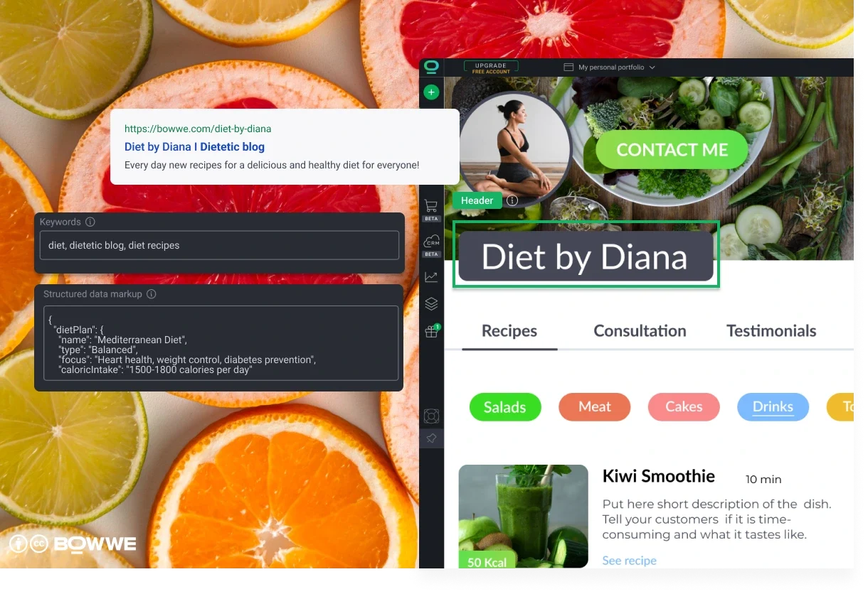 SEO setting for dietitian website in BOWWE Website Builder