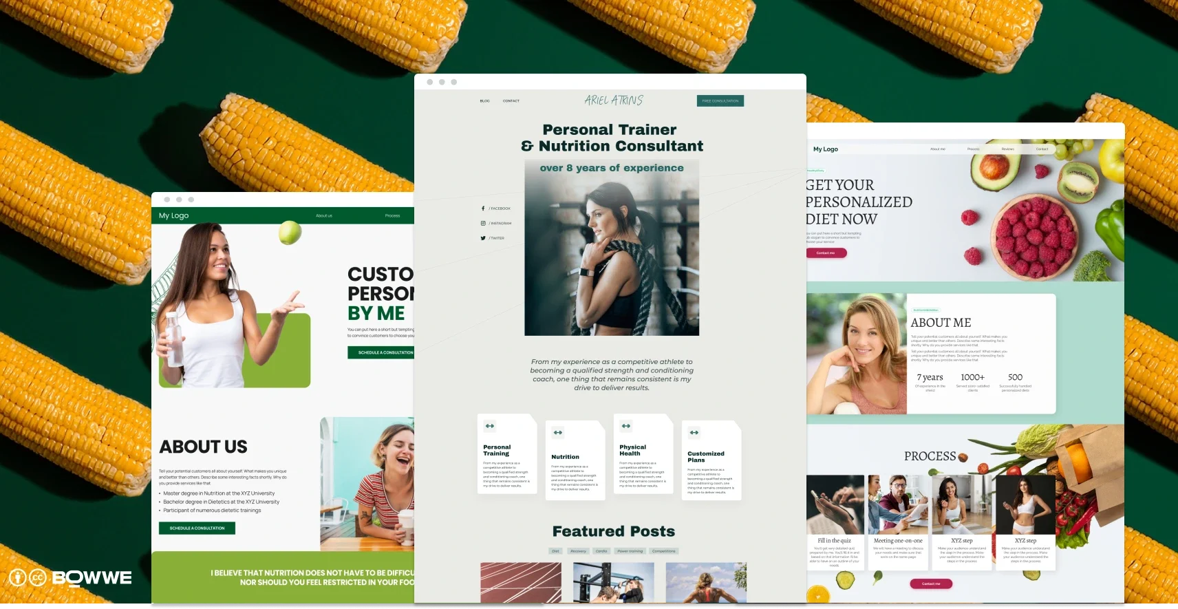 Three mockups of dietitian website template by BOWWE Website Builder