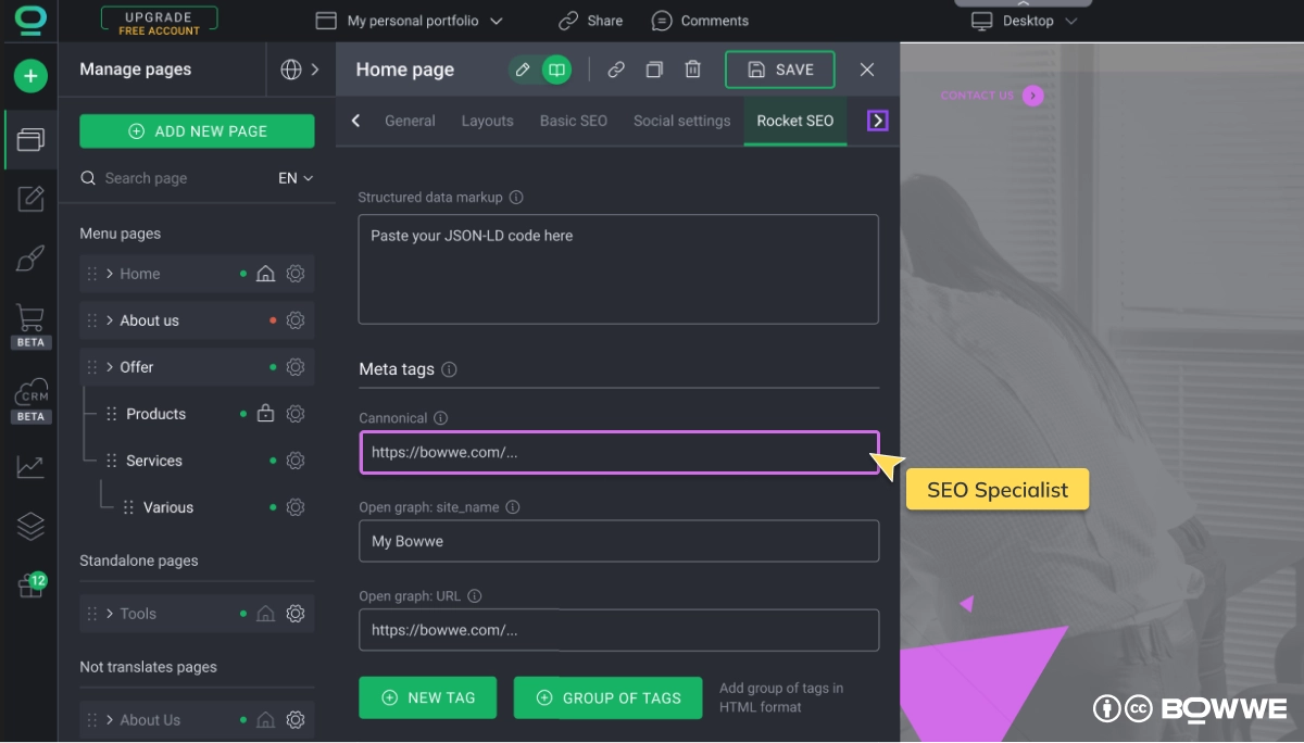 Panel with seo settings and canonical tag setting in BOWWE Website Builder