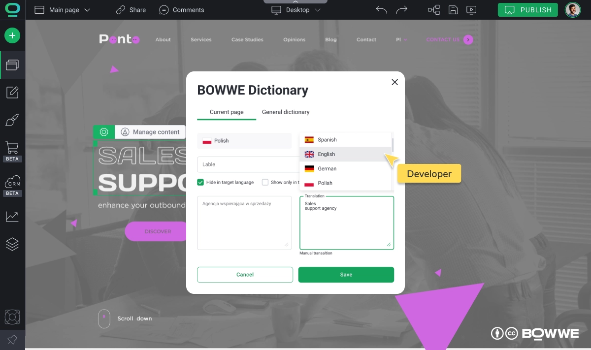 Keywords translation window in BOWWE Website Builder