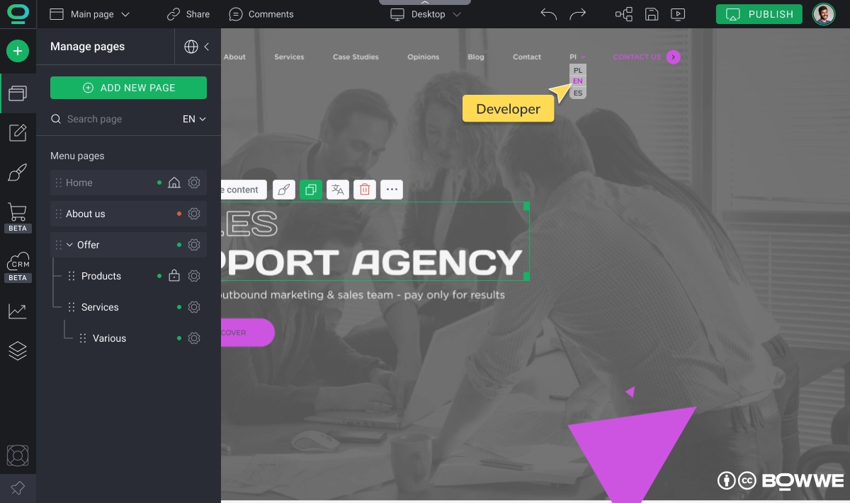Website language switcher in BOWWE Website Builder