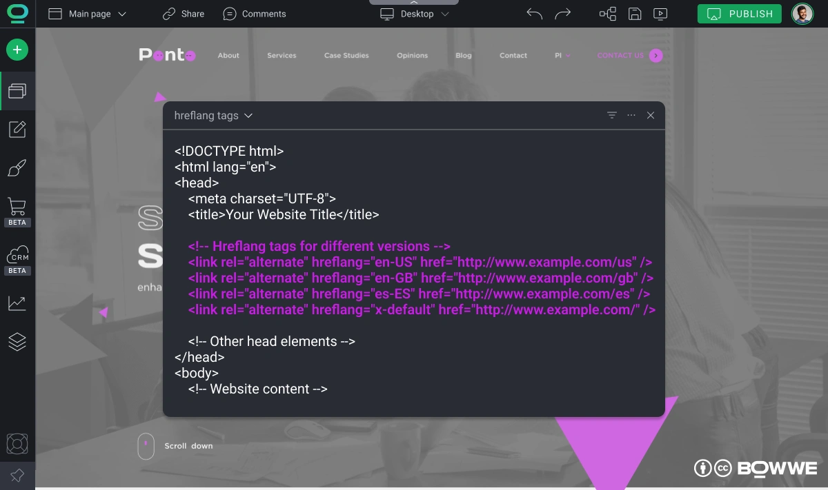 Black browser window with example of hreflang tag