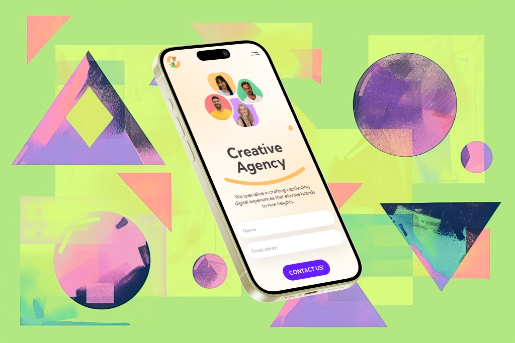Sito web mobile su telefono con sfondo verde neon