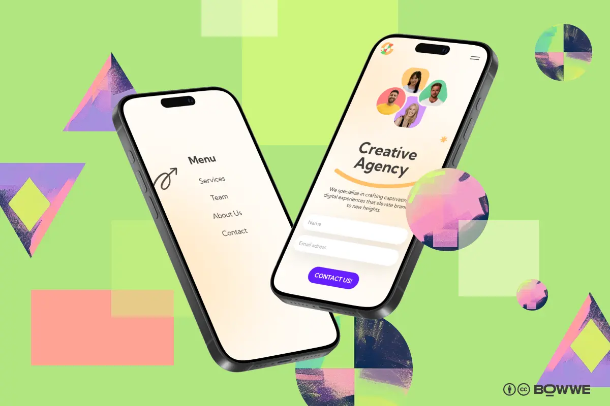 Due telefoni cellulari con modulo di contatto del sito Web e menu del sito Web