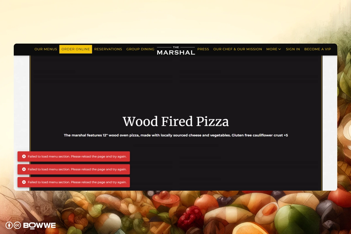Screenshot from restaurant menu - The Marshal