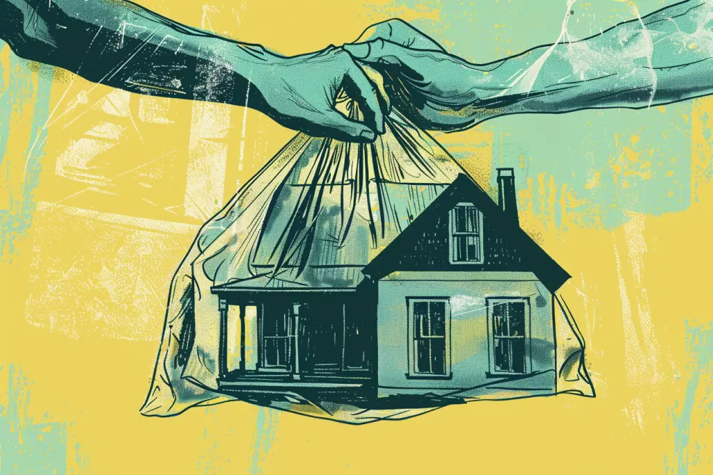 Hands passing to each other bag with real estate property
