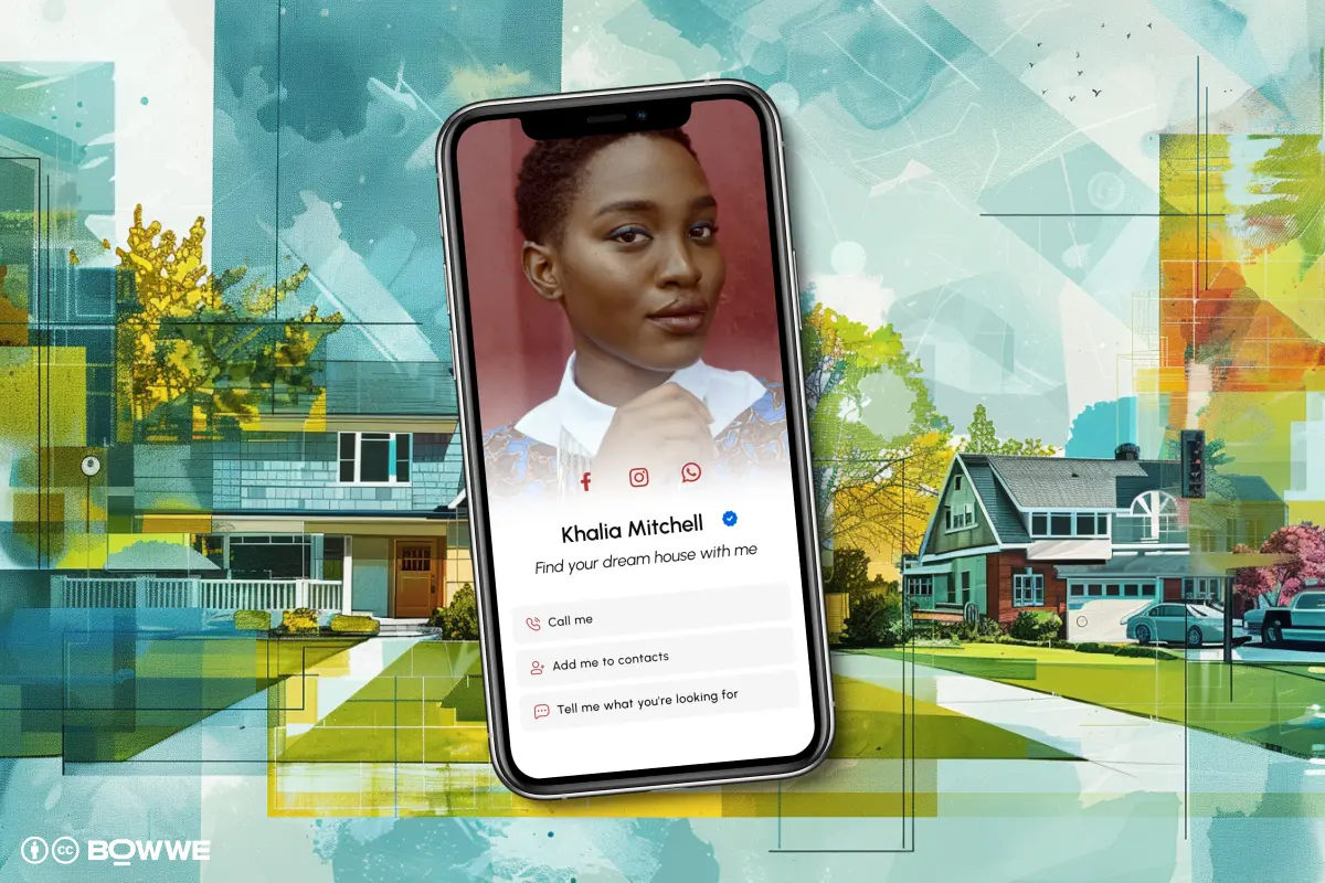 Mockup on mobile phone of digital business card of real estate agent by BOWWE